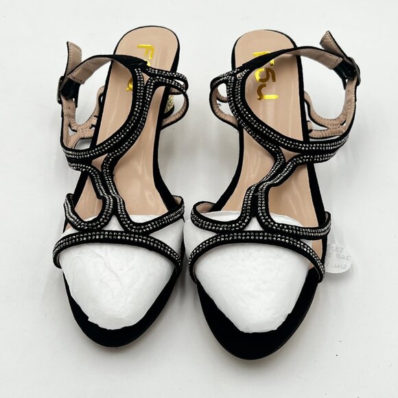 FSJ Black Studded Crystal Heel T-Strap Open Toe Kitten Heel Rhinestone Sandal - Picture 3 of 6